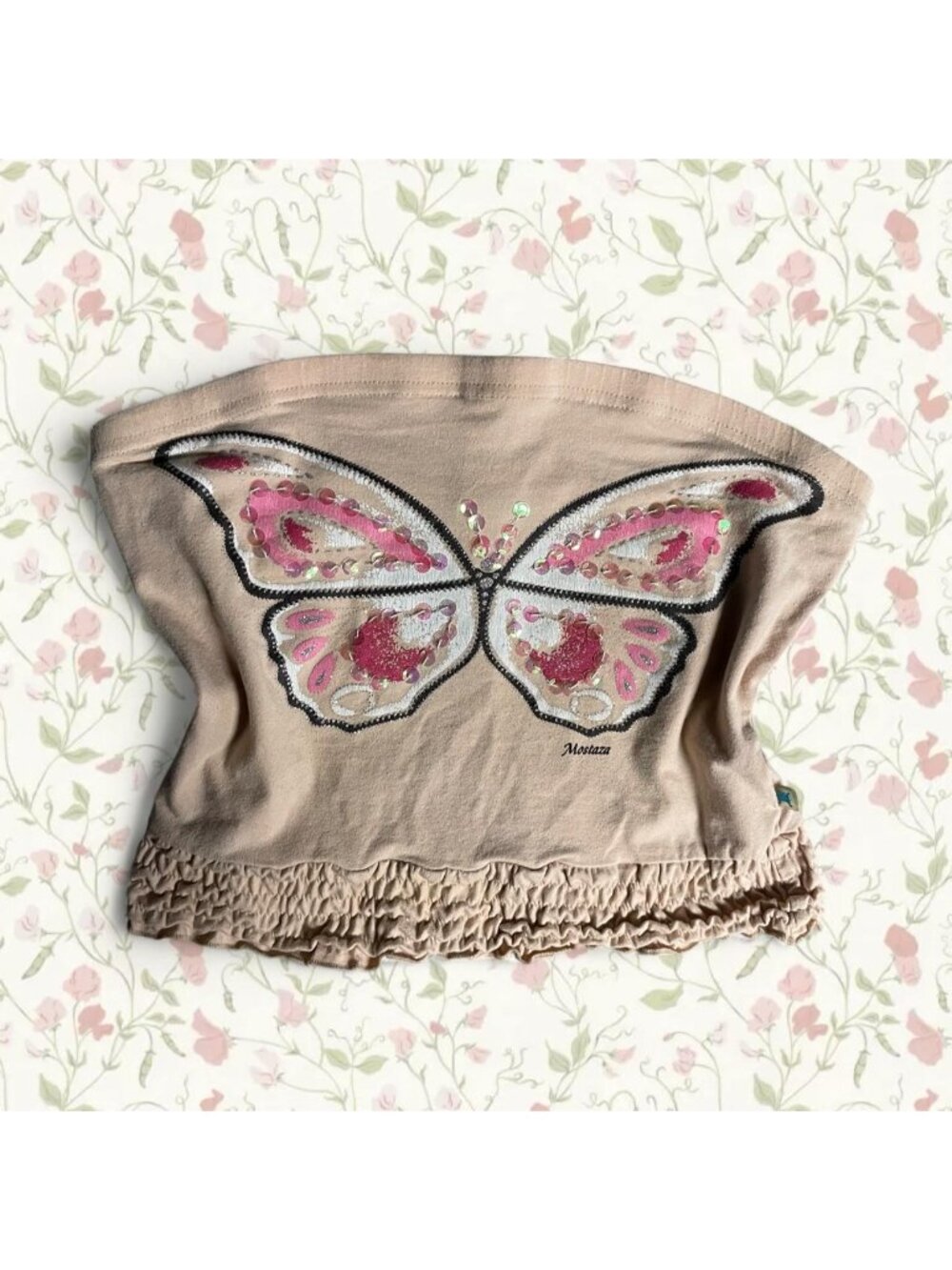 Mostaza pink & cream butterfly sequin tube top